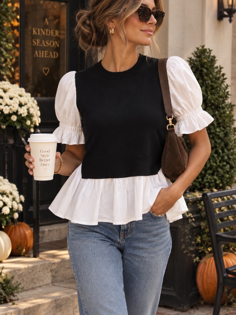 Miou Muse Black White Puff Sleeve Peplum Mixed Media Top Size M NWT